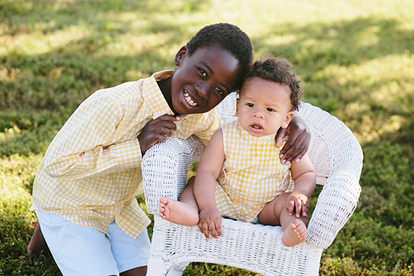 Brothers in matching yellow gingham outfits | Little Duckling Adoption Party by Sweet Georgia Sweet