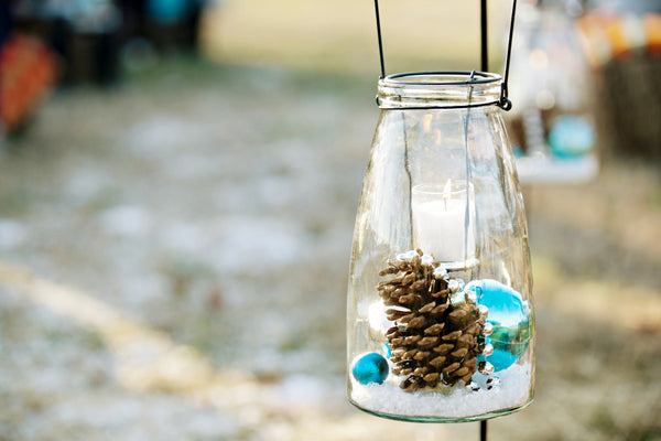 Country Chic White & Blue Winter Wedding | Andie Freeman Photography | Kate Aspen | Barn Wedding | Winter Wedding | Wedding Ceremony Decor | Aisle Decor | Pine cones | Ornaments | Shepard Hooks 