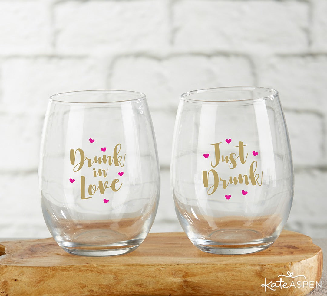 Drunk in Love Just Drunk 15 oz Stemless Wine Glass | 6 Must-Have Bachelorette Party Accessories | Kate Aspen