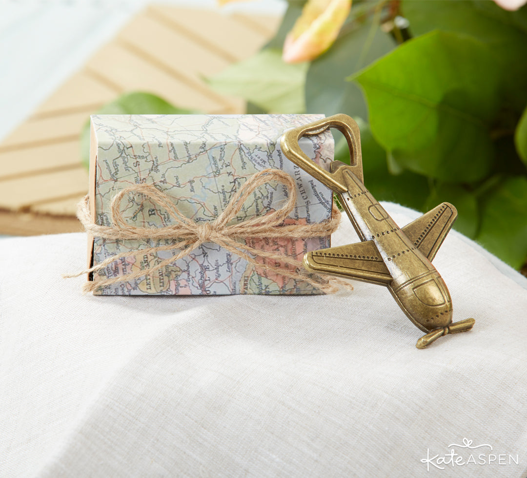 Favor Box and Bottle Opener | Let The Adventure Begin With A Travel Themed Wedding | Kate Aspen