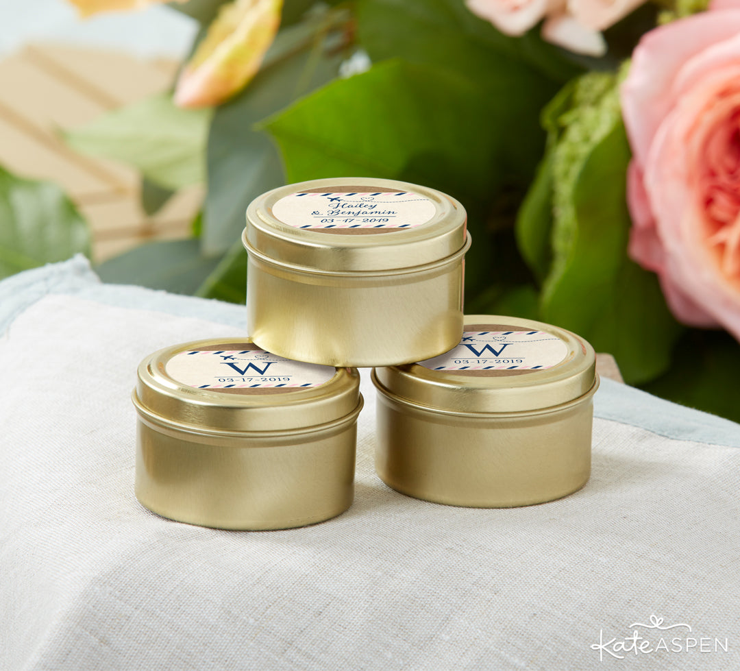 Gold Candy Tins | Let The Adventure Begin With A Travel Themed Wedding | Kate Aspen