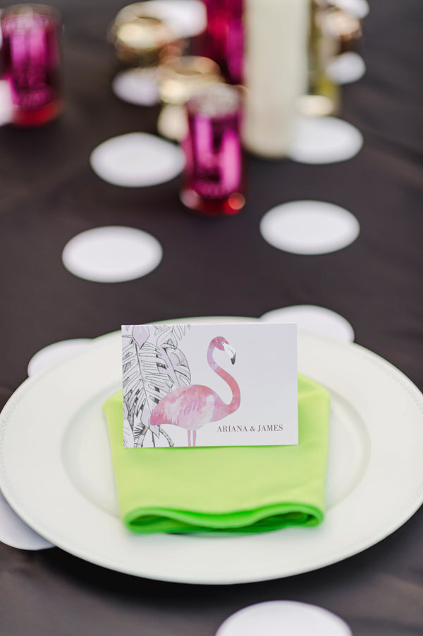Flamingo place cards from Wedding Paper Divas| Two Prince Bakery Theater | Marc Edwards Photographs