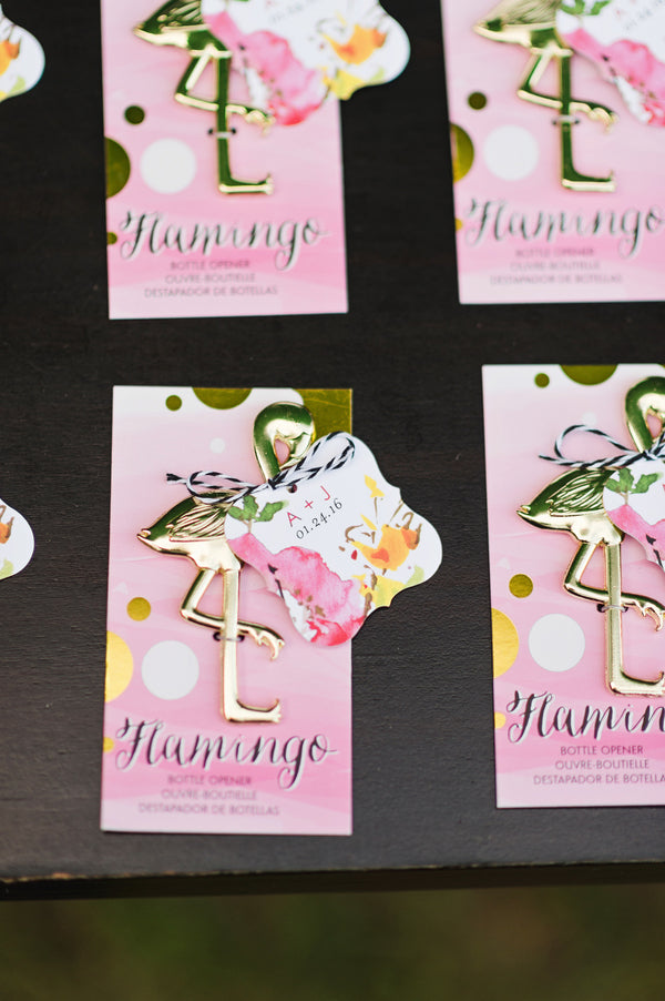 Gold Flamingo Bottle Openers from Kate Aspen make fabulous favors for a retro flamingo engagement party | A Retro Flamingo Engagement Party | Two Prince Bakery Theater | Marc Edwards Photographs