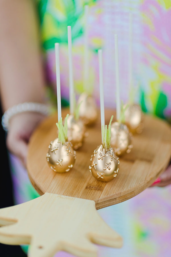 Gold pineapple cake pops | A Retro Flamingo Engagement Party | Two Prince Bakery Theater | Marc Edwards Photographs