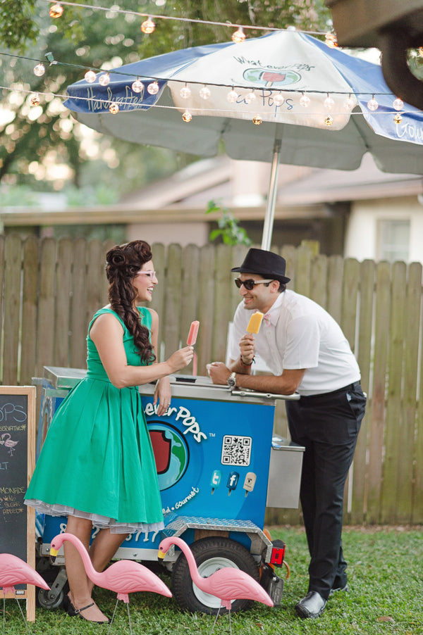 Engagement party with a popsicle cart | A Retro Flamingo Engagement Party | Two Prince Bakery Theater | Marc Edwards Photographs
