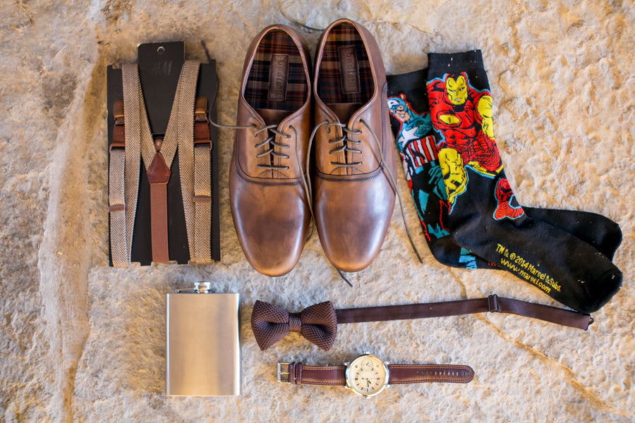 Groom's Shoes, Bow Tie, Suspenders and Socks | Elegant Barn Wedding | Jeannine Marie Photography