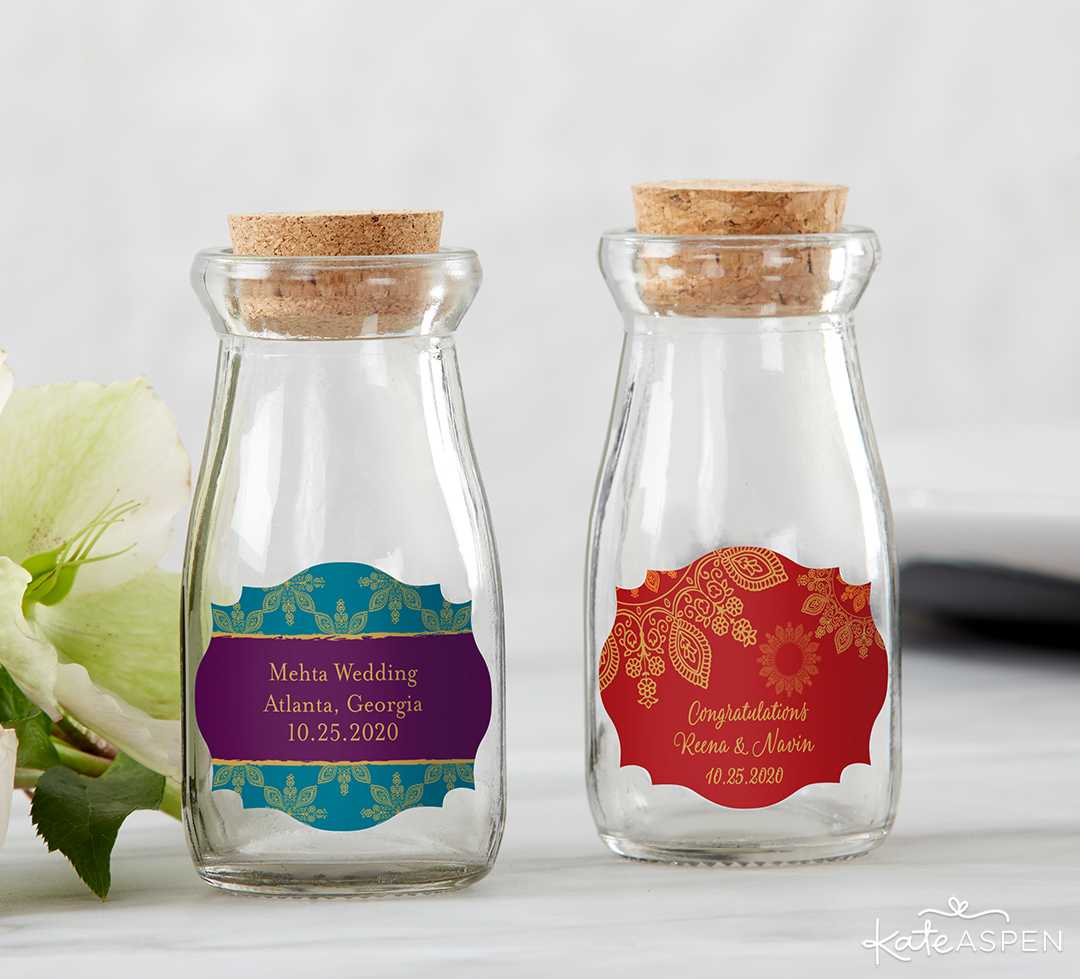 Pesonalized Vintage Milk Bottle Favor Jar | Jewel Tone Accessories for Your Mehndi Party | Kate Aspen