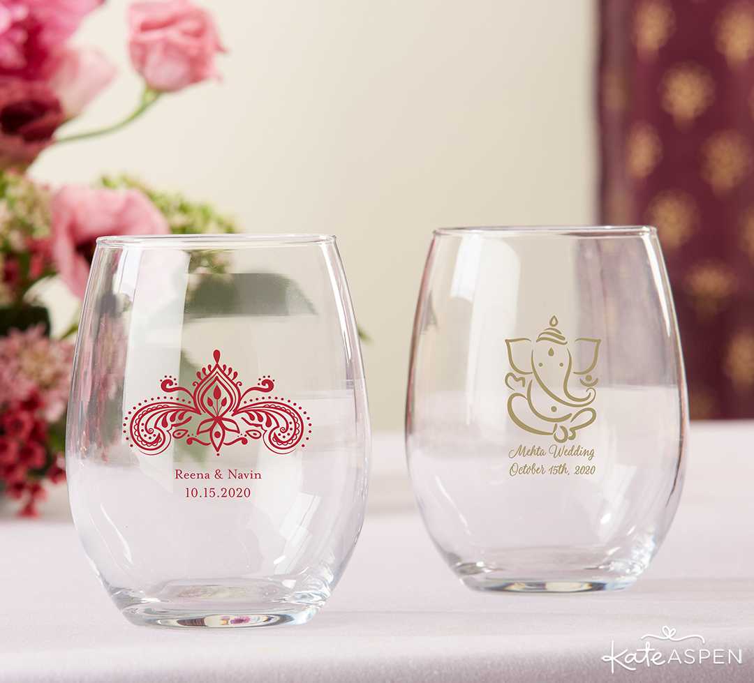 Personalized 9oz Stemless Wine Glass- Indian Jewel | Jewel Tone Accessories for Your Mehndi Party | Kate Aspen