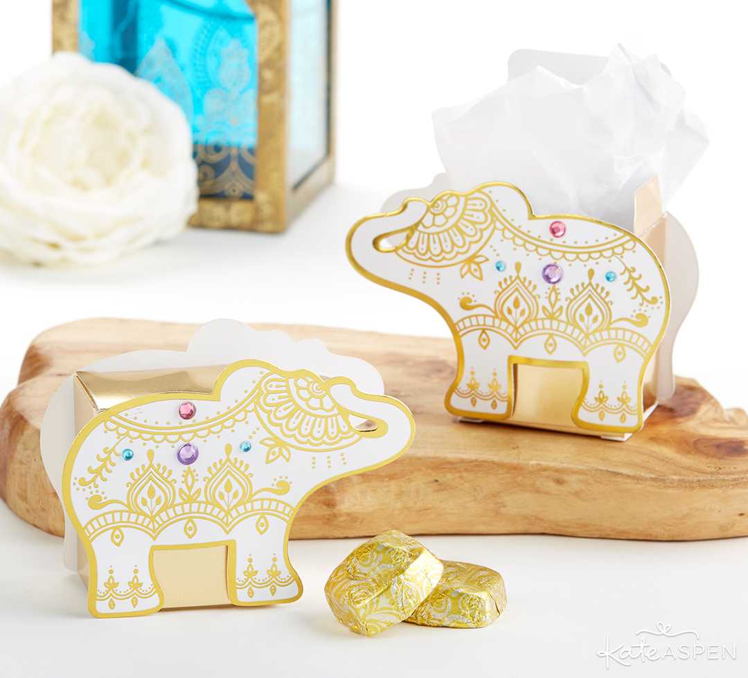 Lucky Gold Elephant Favor Box | Jewel Tone Accessories for Your Mehndi Party | Kate Aspen