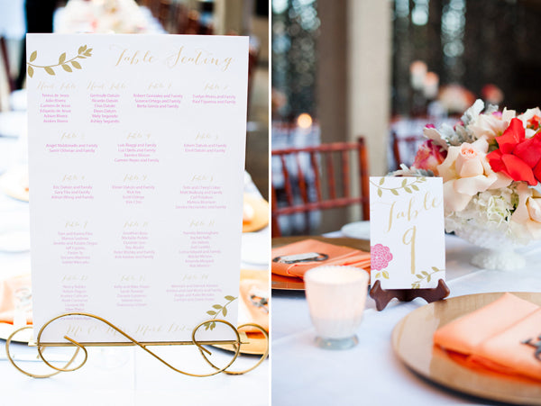 Watercolor Wedding Seating Chart and Table Numbers Enhance the decor at this beautiful wedding | Photos by Petula Pea Photography