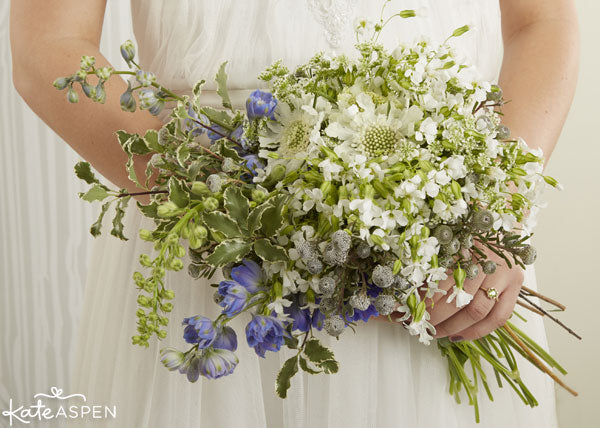 Wedding Bouquet Recipe from Gertie Mae's Floral Studio & Kate Aspen | Rustic Wedding | White Scabiosa, Blue Delphinium, Dusty Miller, Queen Anne's Lace, Agrostemma