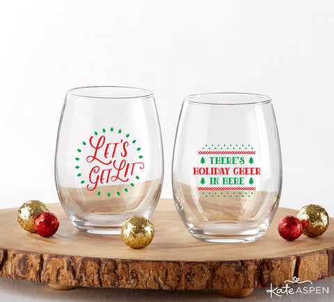 Red & Green Christmas 15 oz. Stemless Wine Glass