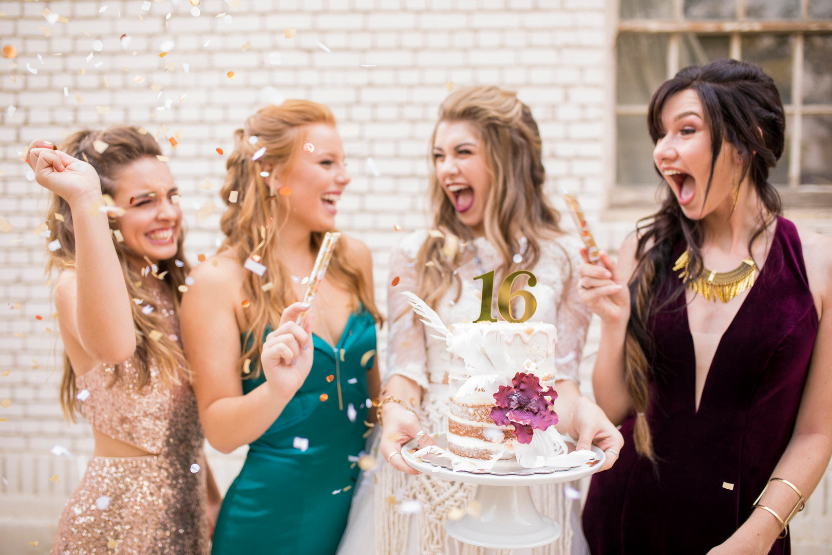 Girls Celebrating With Cake | A Super Bohemian Sweet 16 Soiree | Kate Aspen