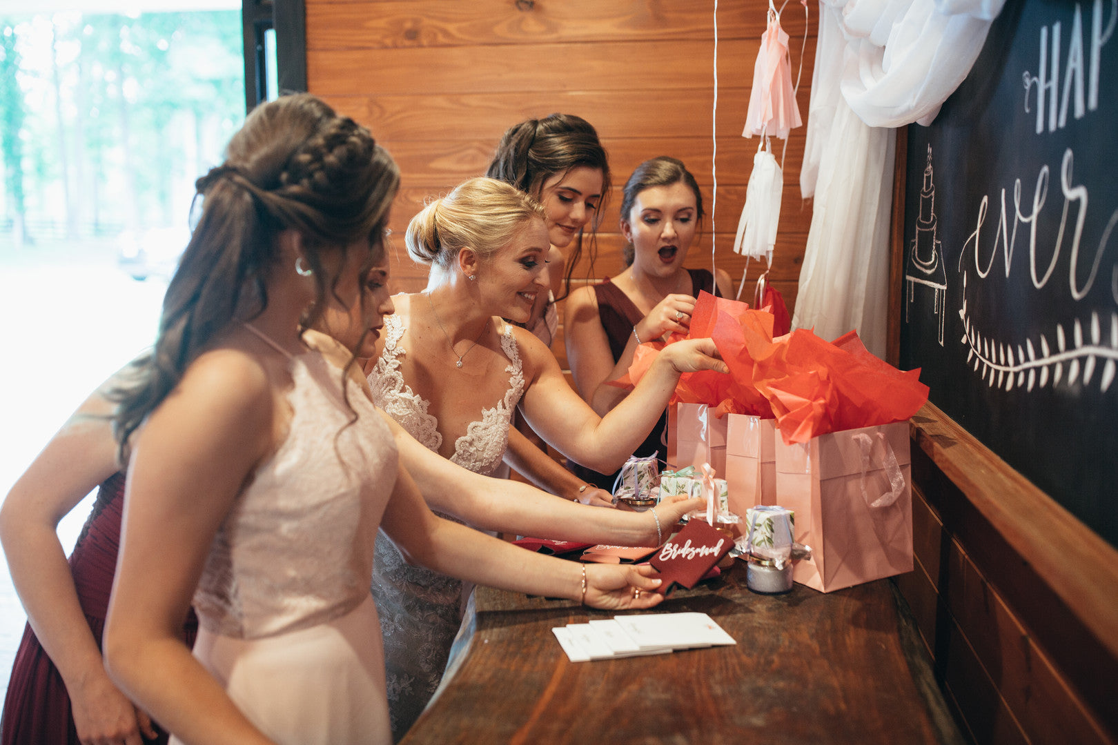 Brides and Bridesmaids Opening Gifts | Girls Just Want to Have Fun Bridal Shower | Kate Aspen