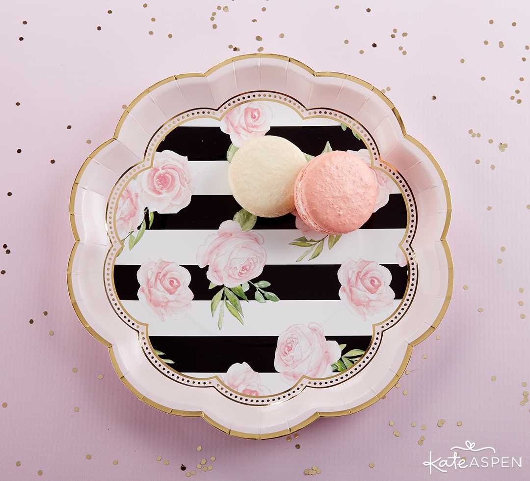 Floral Striped Paper Plates | A Posh Parisian Bridal Shower + Giveaway | Kate Aspen