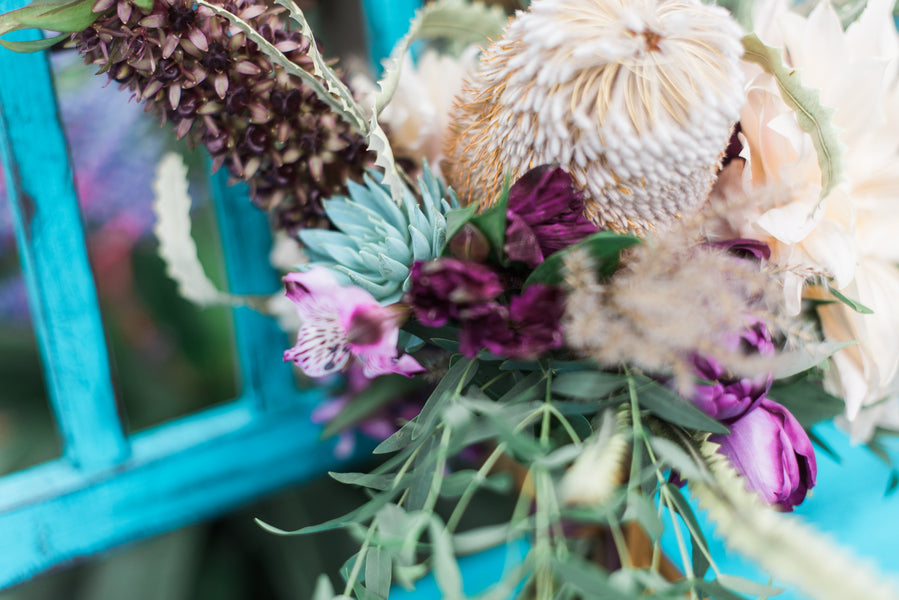Purple Green and Cream Bridal Bouquet | Boho Wedding Inspiration | B. Jones Photography