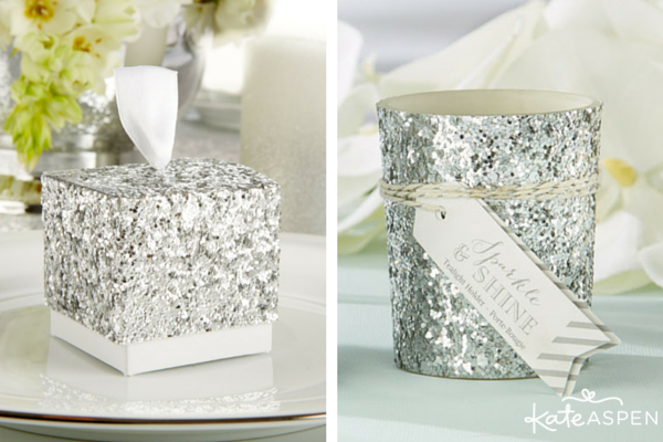 Silver glitter favor box and votive Kate Aspen with watermark