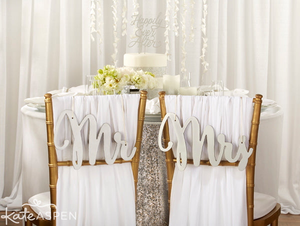 Silver Shimmer Classic Mr. and Mrs. Chair Backers | Wedding Chair Signs | Kate Aspen | kateaspen.com
