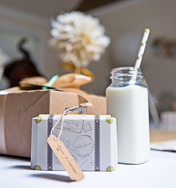 Suitcase Favor Box by Kate Aspen, Milk Jar and Boxed Lunch | Safari First Birthday Party | Sweet Georgia Sweet | @kateaspen