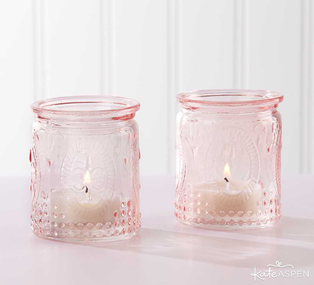 Vintage Pink Glass Tea Light Holder | Curate Your Own Bridesmaid Proposal Kit + A Giveaway | Kate Aspen
