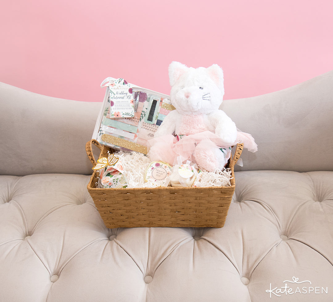 Basket With Small Gifts | How To Ask Your Flower Girl + DIY Gift Basket | Kate Aspen