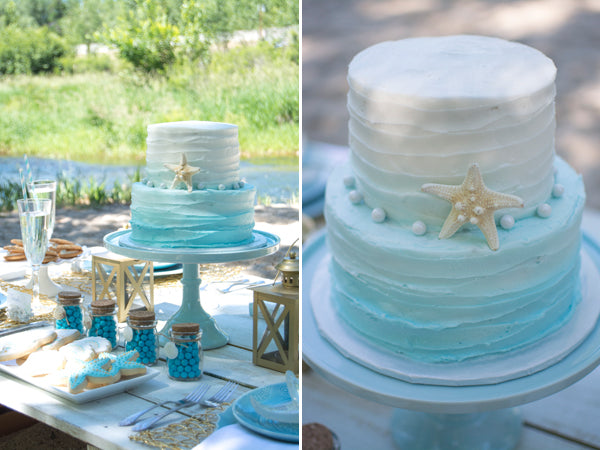 blue ombre beach themed wedding cake