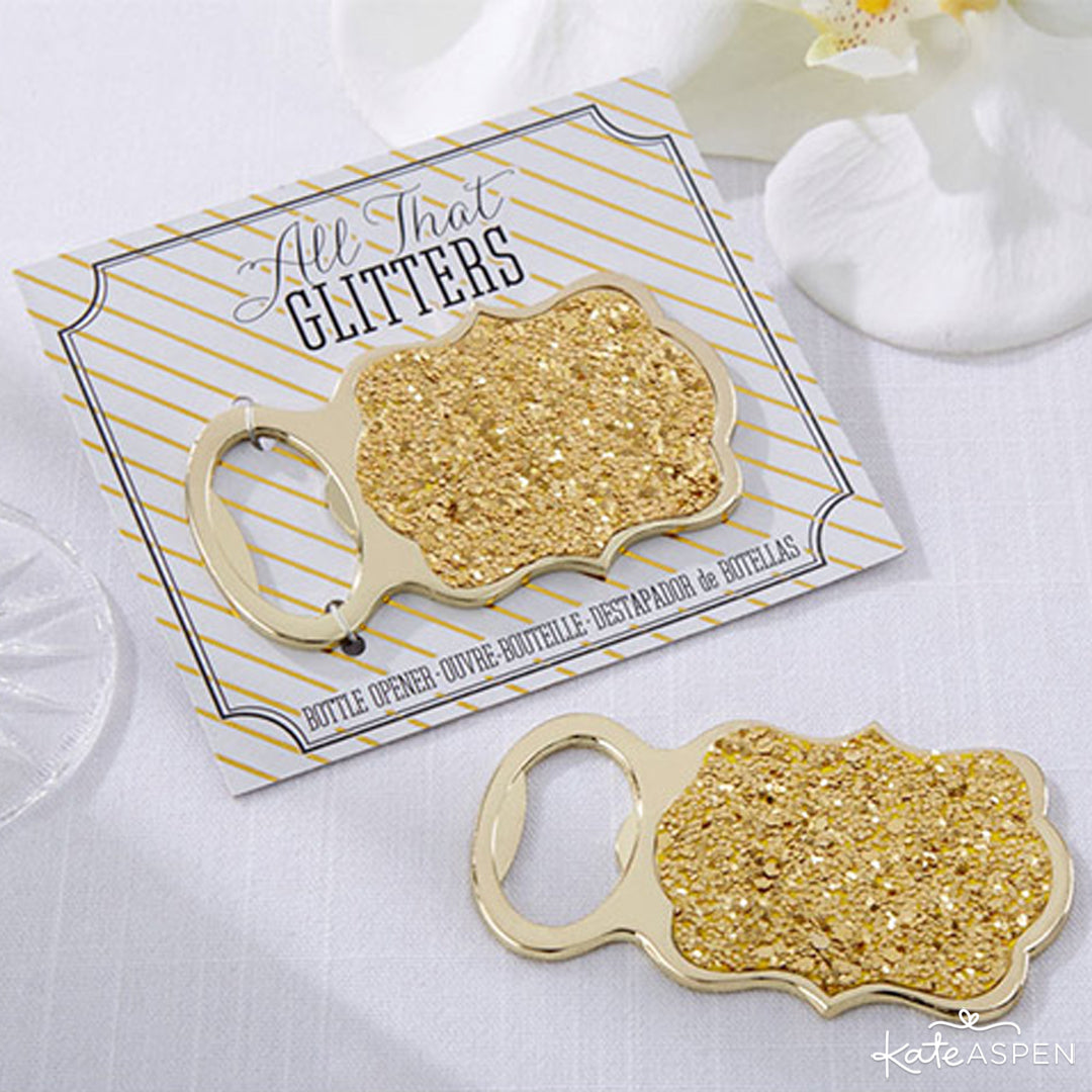 "All That Glitters" Gold Glitter Bottle Opener | Elegant Favors for a Classic Wedding | Kate Aspen