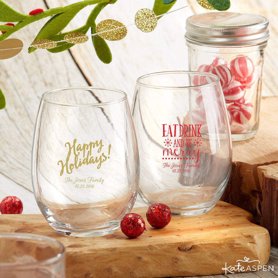 Personalized Holiday Stemless Wine Glasses| Decorating Your Table for the Holidays | Kate Aspen