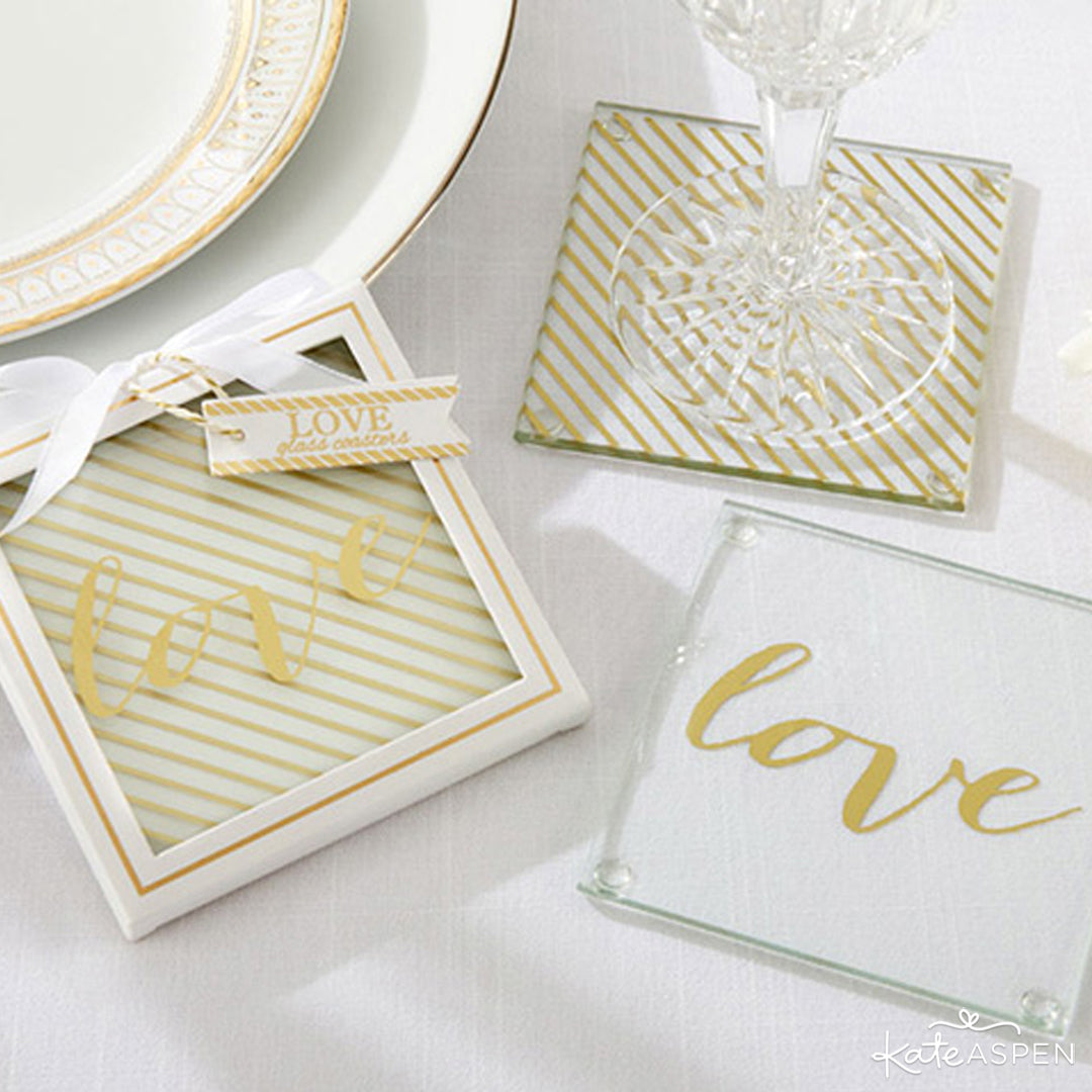 Gold Love Glass Coasters | Elegant Favors for a Classic Wedding | Kate Aspen