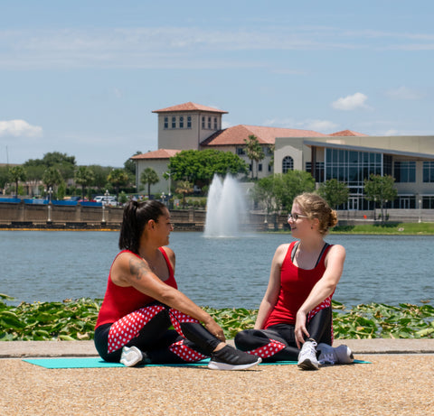 Models pictured wearing Red Mini Dart leggings