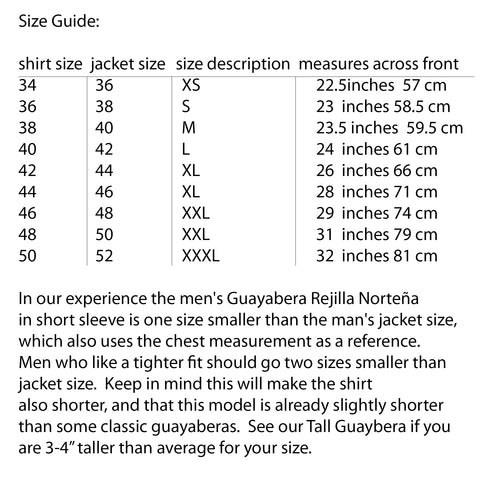 Size Guide for Huitzilli Guayabera Short Sleeve