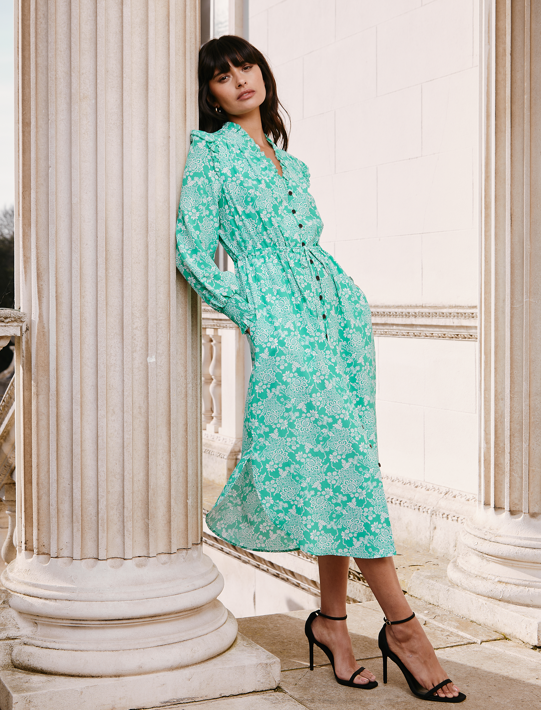 Cefinn Stella Silk Midi Dress - Green Damask Print