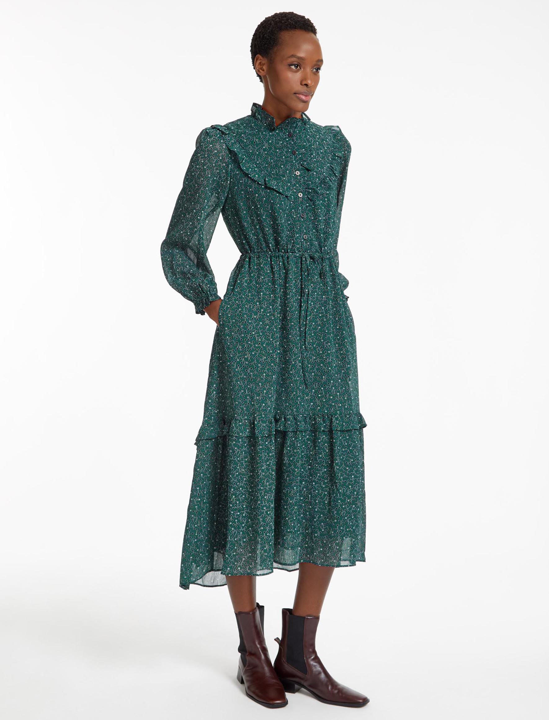 Cefinn Annie Midi Dress with Drawstring Waist - Green Black Graphic Coral Print