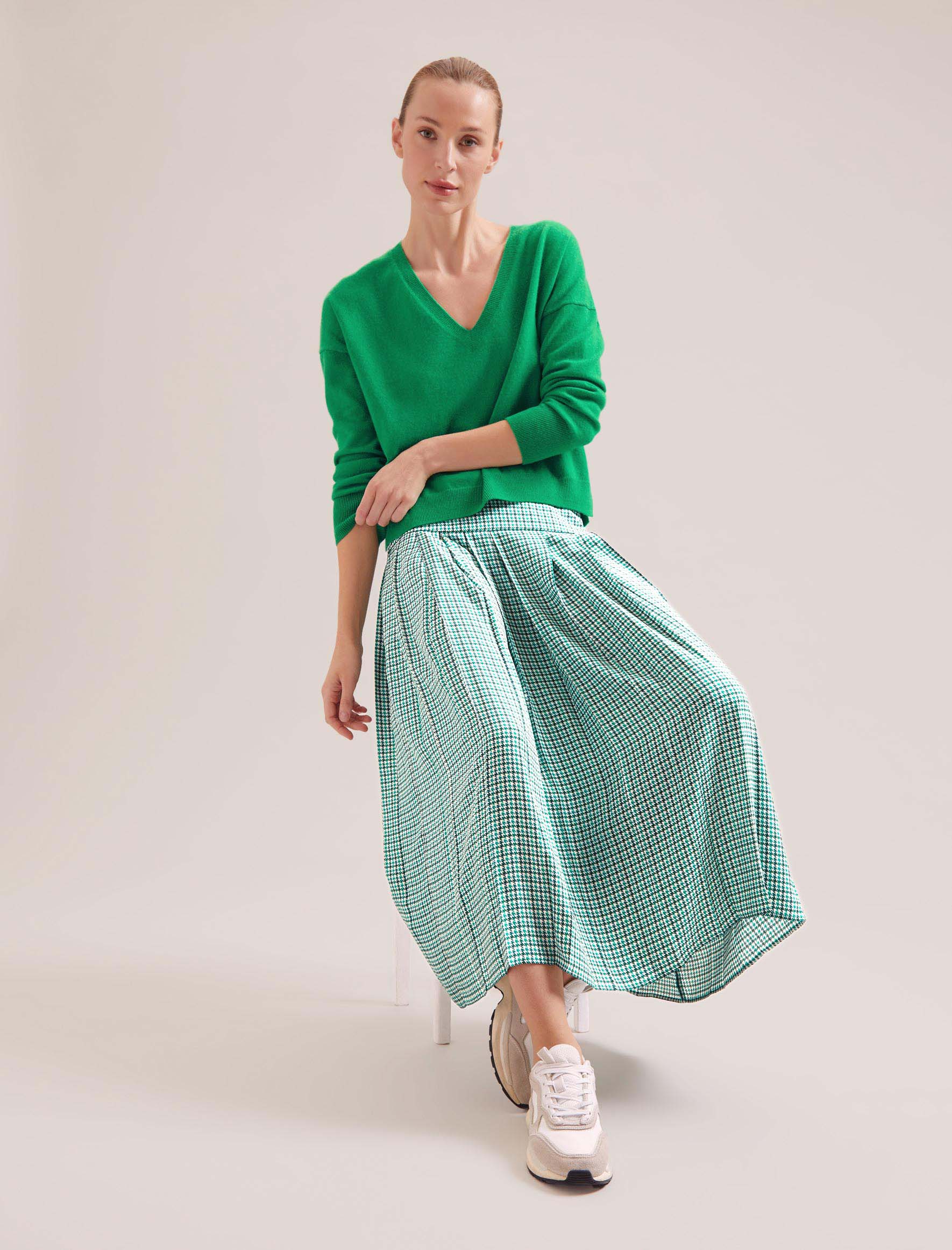 Cefinn Sienna Maxi Skirt - Ecru Green Houndstooth Print