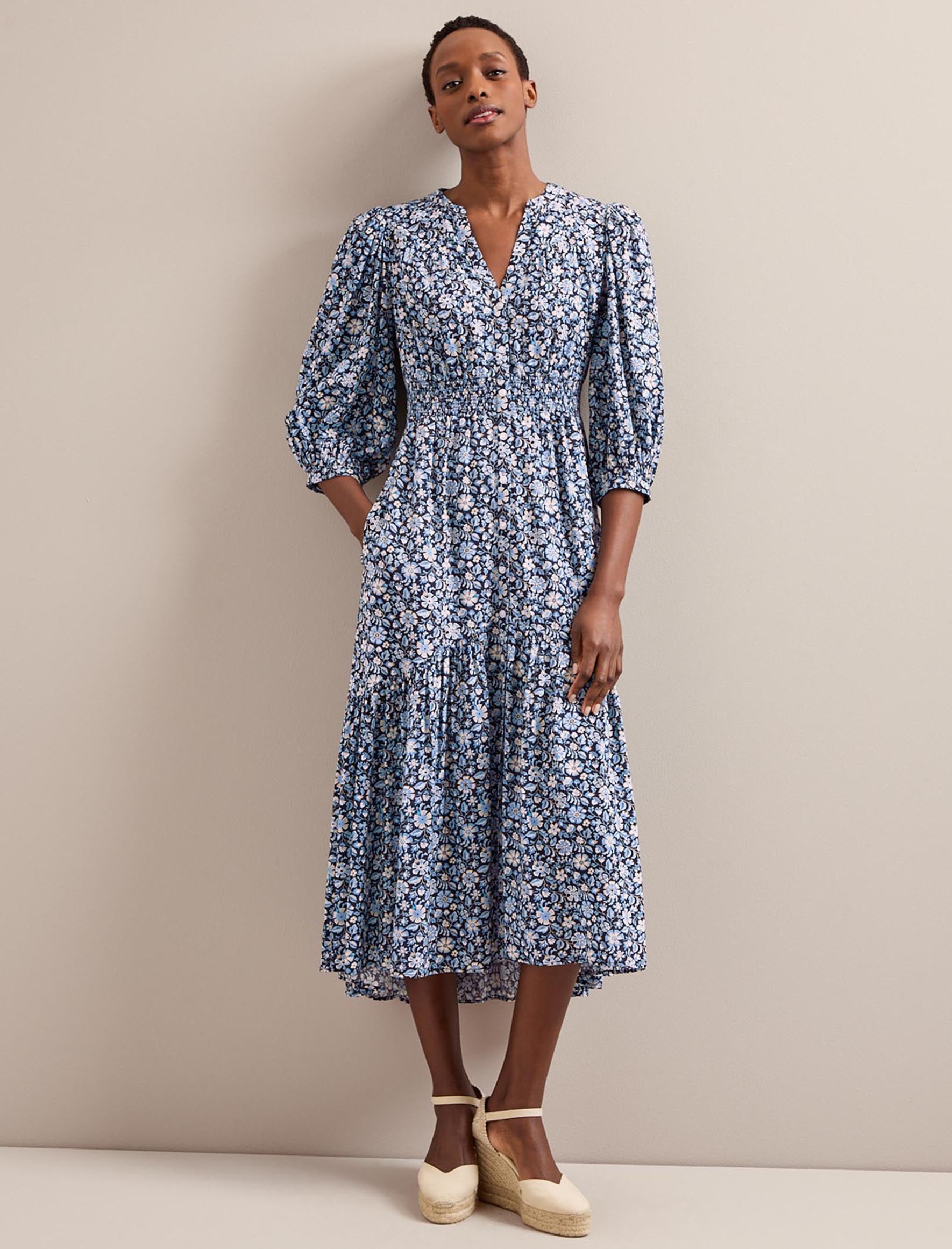 Cefinn Aspen Cotton Blend Maxi Dress - Blue Ditsy Carnation Print