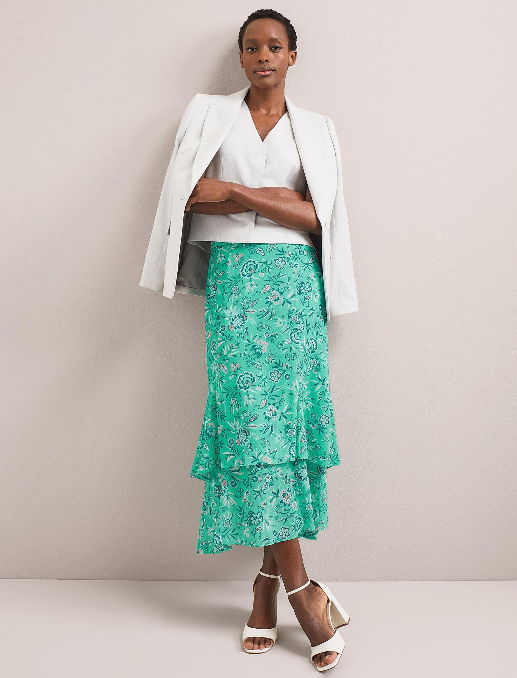 Cefinn Lotta Cotton Blend Maxi Skirt - Green White Palm Floral