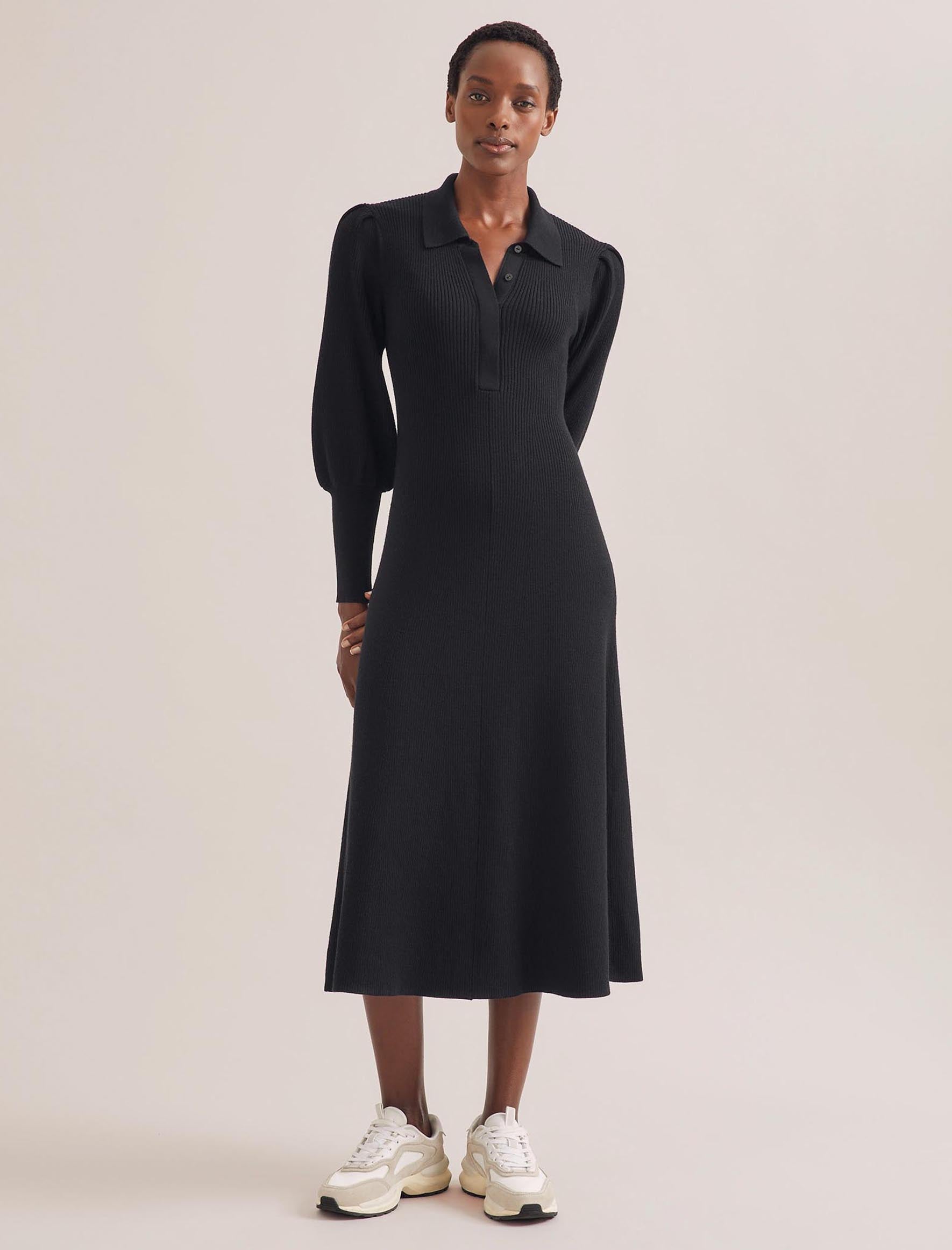 Cefinn Eva Merino Wool Collared Knit Maxi Dress - Black