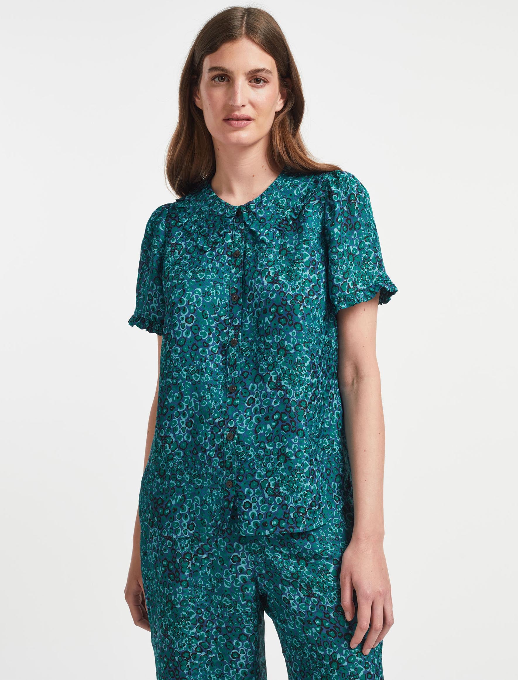 Cefinn Rosa Silk Blend Blouse - Turquoise Blue Leopard Pansy Print