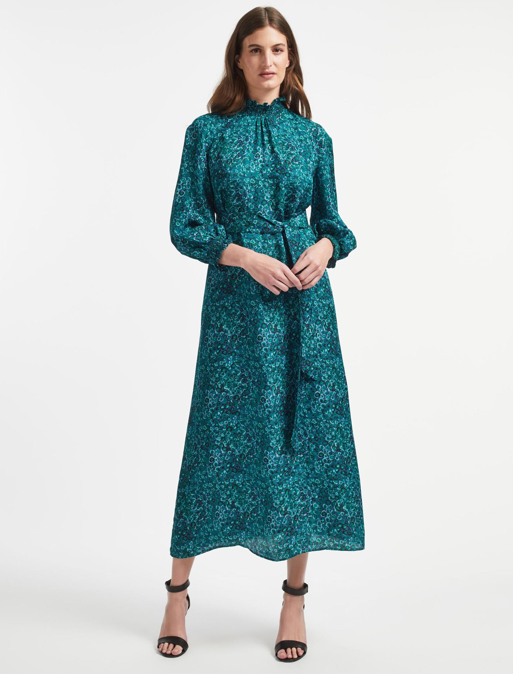 Cefinn Rosamund Silk Blend Maxi Dress - Turquoise Blue Leopard Pansy Print
