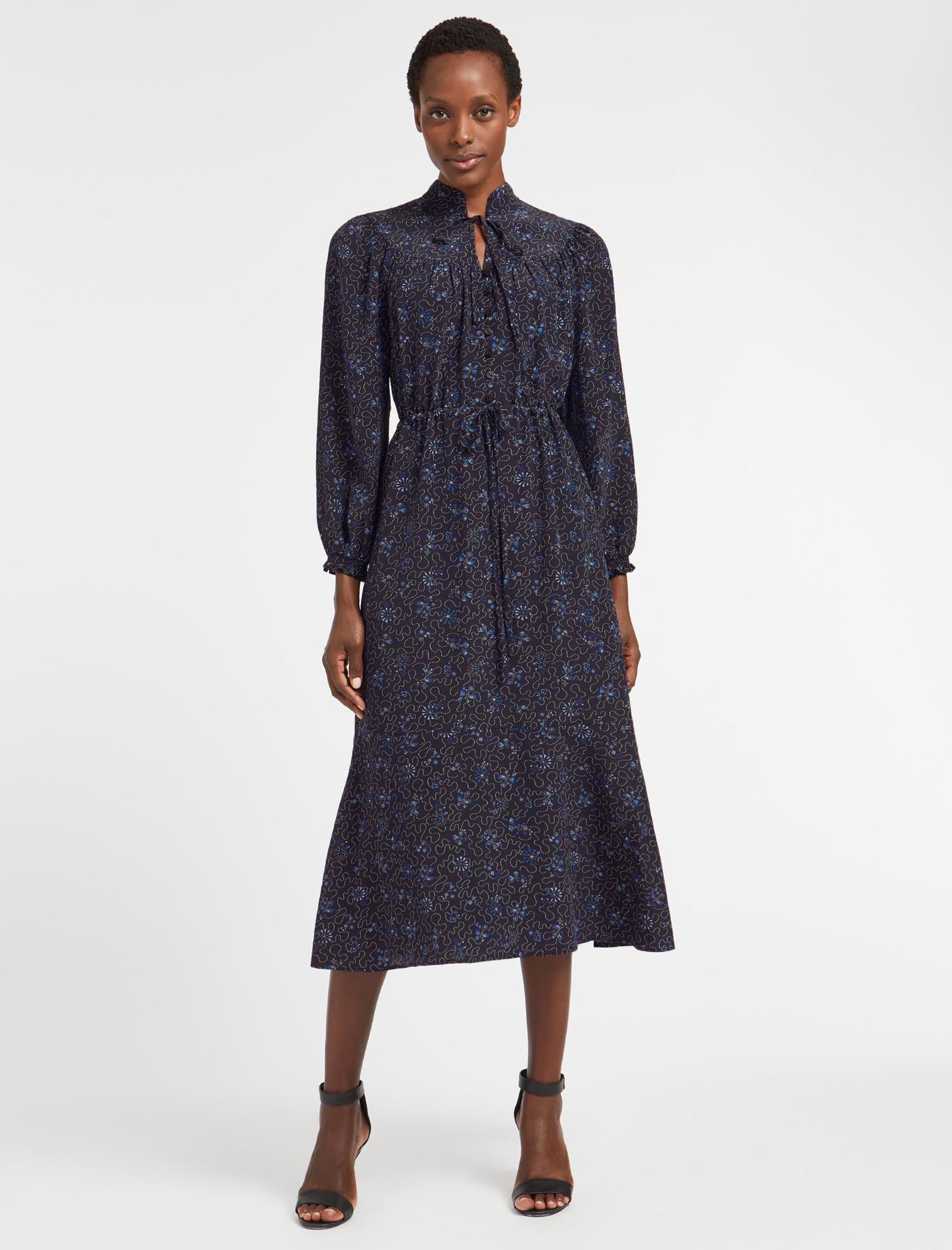 Cefinn Zahra Silk Drawstring Maxi Dress - Navy Blue Wiggle Print