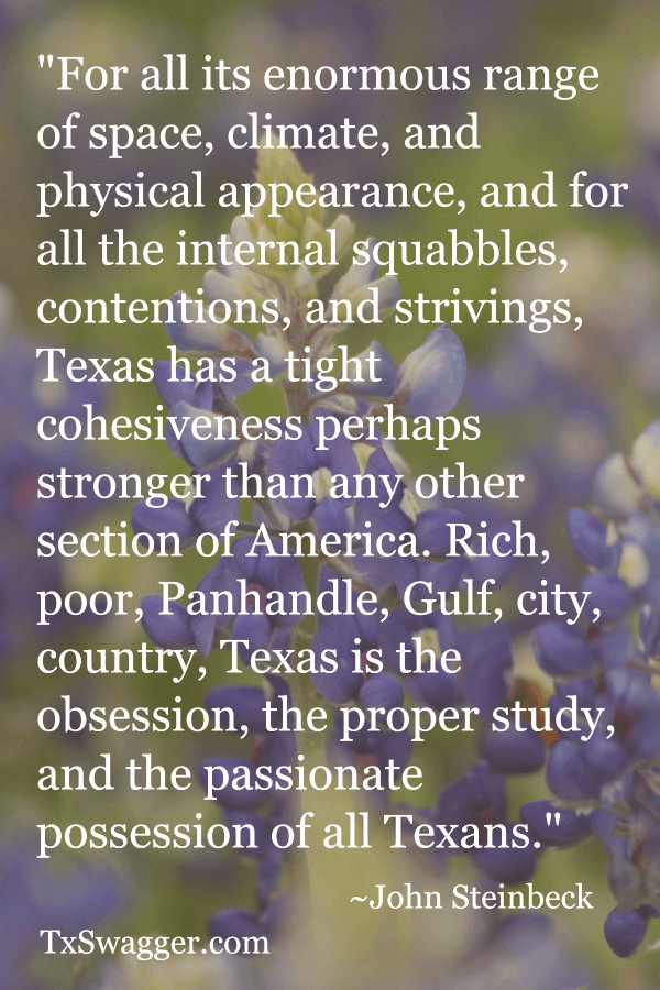 Quote about Texas by John Steinbeck, overlaid on picture of bluebonnets