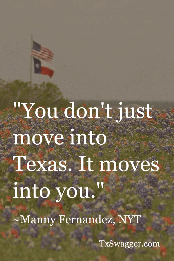 Texas quote overlaid on field of wildflowers with Texas and US flags flying above it