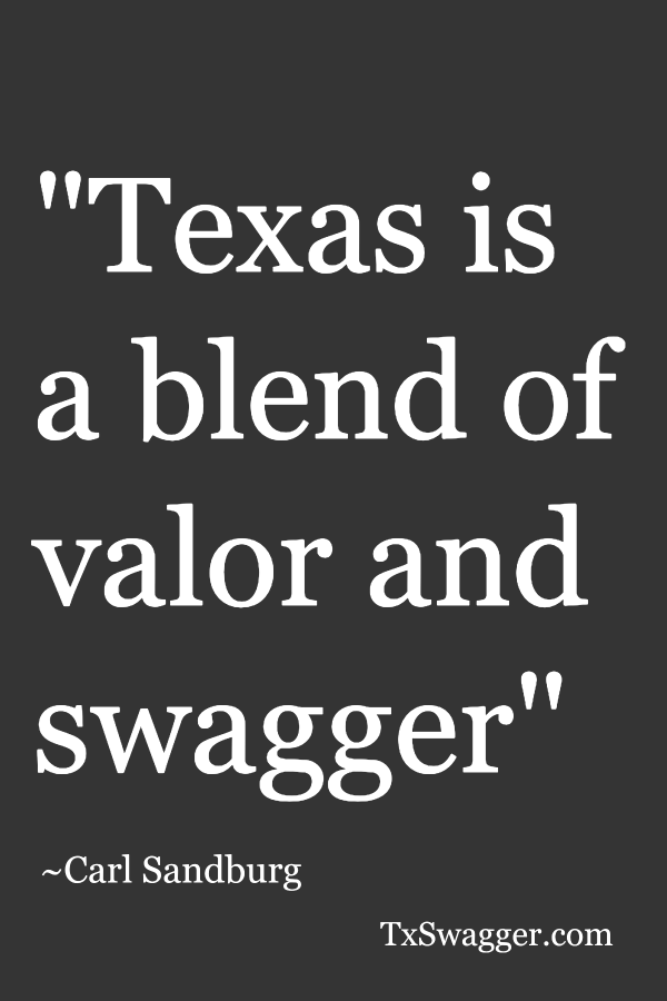 Quote: 'Texas is a blend of valor and swagger' overlaid on Texas flag