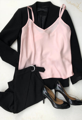Bare Slumber Pajama Camisole paired with a black blazer, black skirt and black heels - perfect pajama look for work. 