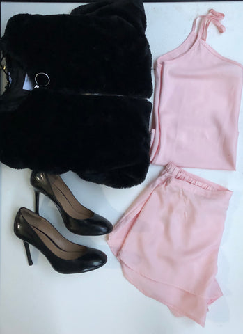 Bare Slumber Pajama set - Camisole and Shorts - Paired with Furry Jacket and Black heels