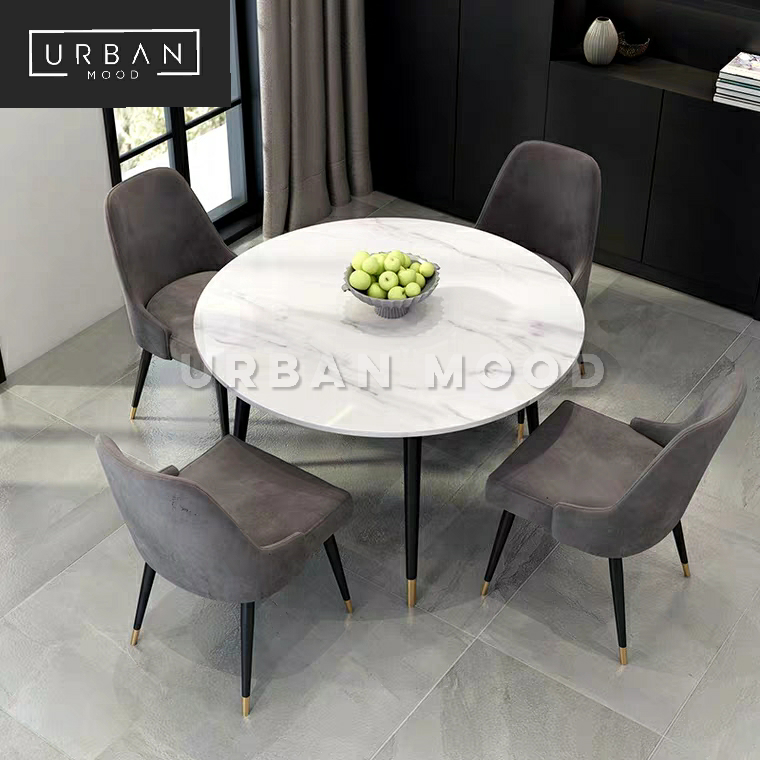 gray round dining table set for 6