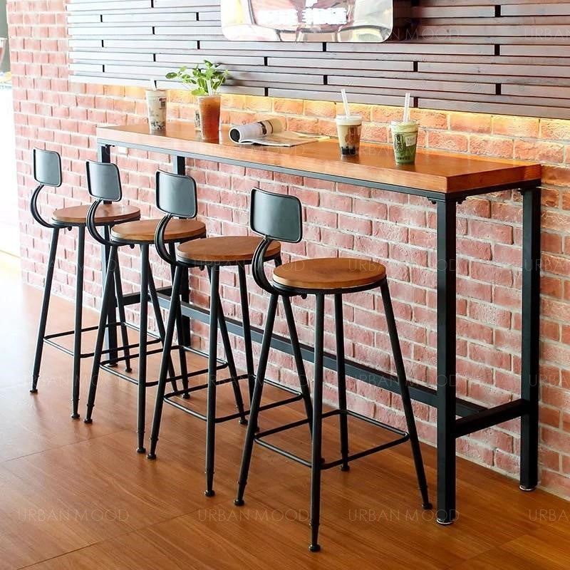 wooden pub table and stools