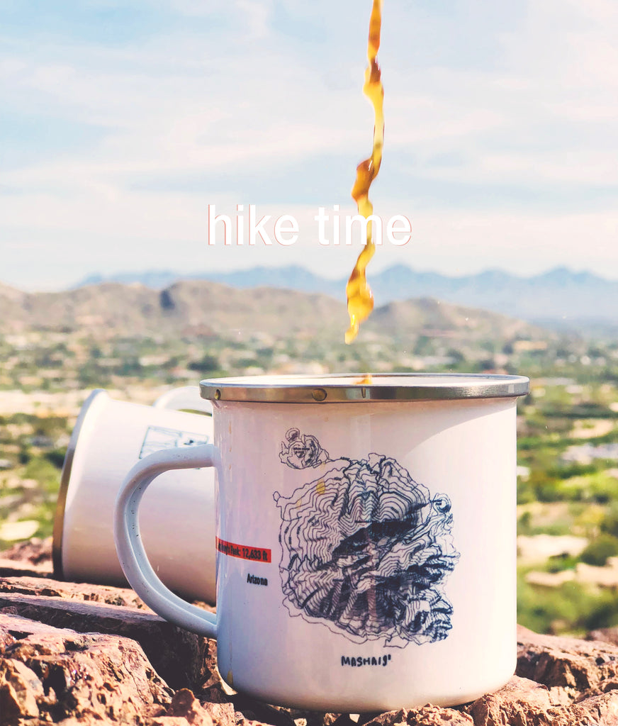 Dripping coffee in the Humphrey's Peak enamel camping coffee mug on top of the Camelback Mountain
