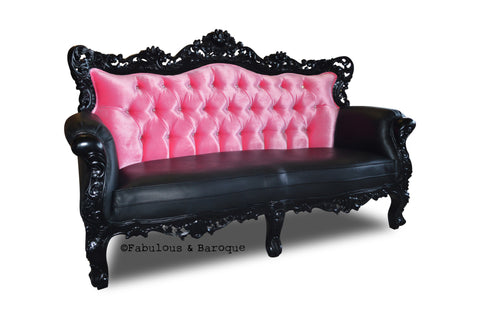 Belle de Fleur French Love Seat - Black Leather and Pink Velvet