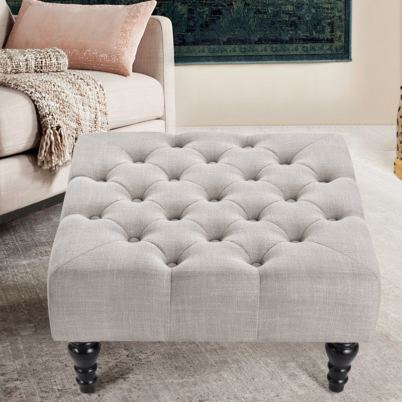 Retro Chesterfield Linen Upholstered Square Footstool